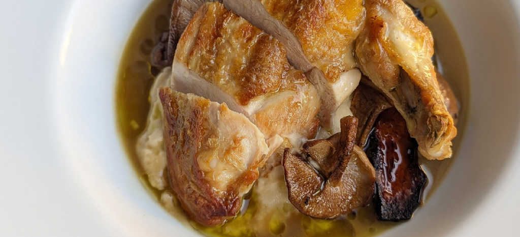 ROAST CHICKEN BREAST WITH CELERIAC, PUMPKIN, MUSHROOMS AND TARRAGON OIL